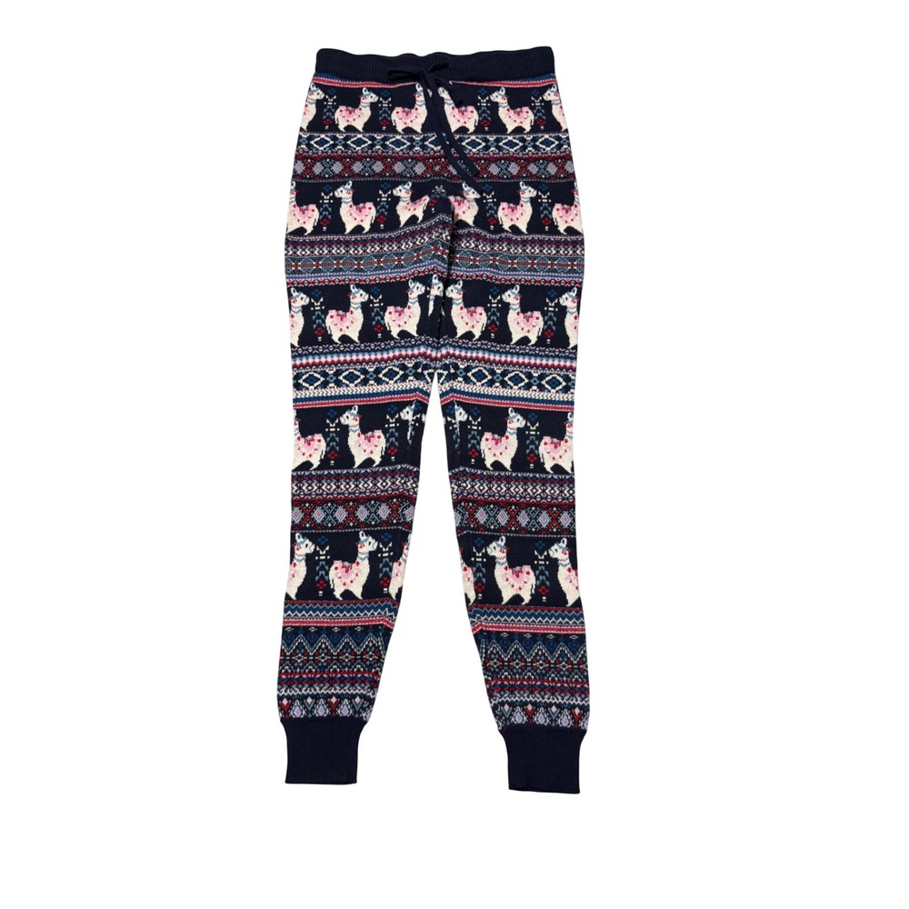 American Eagle Llama Fair Isle Knit Jogger Pants Navy Blue Pink Size M Christmas